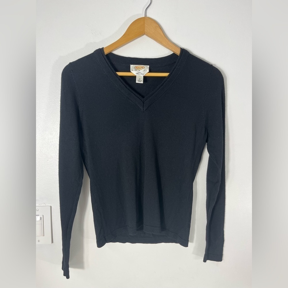 Talbots Petites Womens Size Small Black 100% Merino Wool V-Neck Sweater